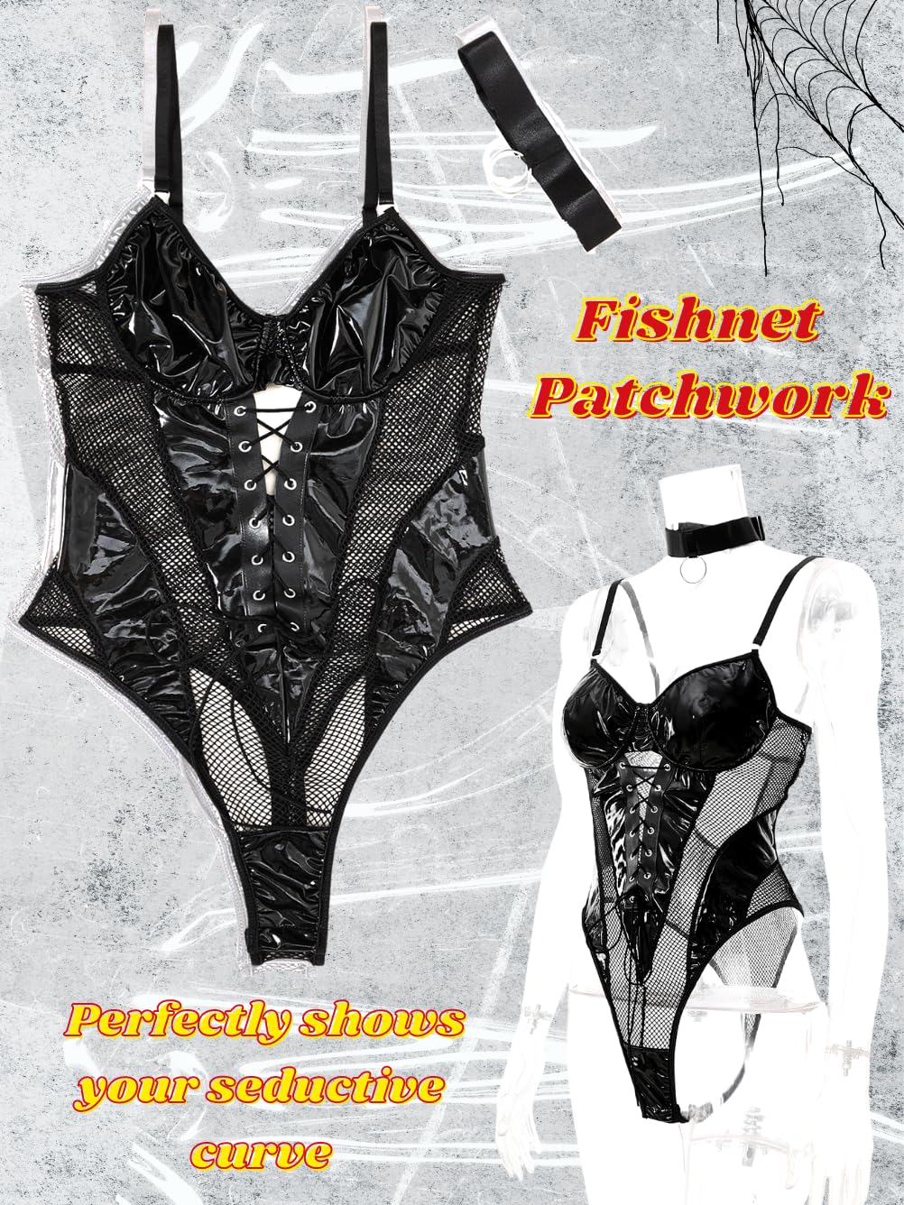 Kaei&Shi Rave Outfits Bodysuit Tops, Fishnet Corset Body Suit, Sexy Lingerie For Women, Faux Leather Festival Goth,Black,X-Small