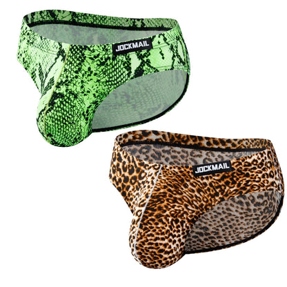 JOCKMAIL 2PCS/Pack Men's Leopard Print Underwear Briefs Sexy Comfort Soft Stretch Classic Fit Serpentine Briefs (US, Alpha, X-Large, Regular, Regular, Yellow+Green)