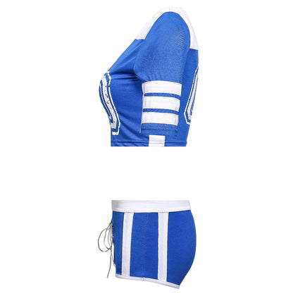 Women's Soccer Player Cheerleader Costume Short Sleeve Shirt Set Cheerleading Uniform for Party Cosplay Halloween,Blue