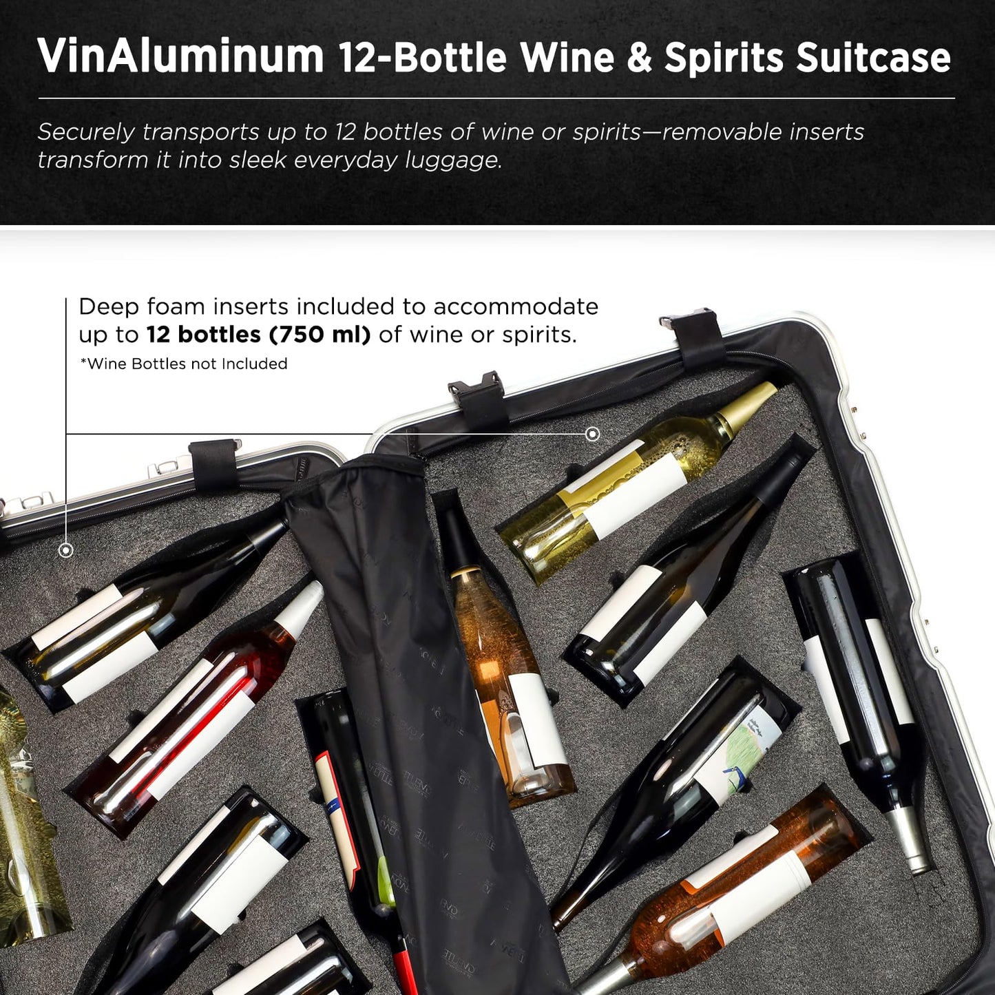 VinGardeValise® VinAluminum Wine Travel Suitcase - 12-Bottle Aluminum Luggage with TSA Lock, Shockproof Foam Inserts, Spinner Wheels, Hard Shell, Airline Approved