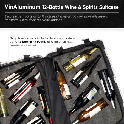 VinGardeValise® VinAluminum Wine Travel Suitcase - 12-Bottle Aluminum Luggage with TSA Lock, Shockproof Foam Inserts, Spinner Wheels, Hard Shell, Airline Approved