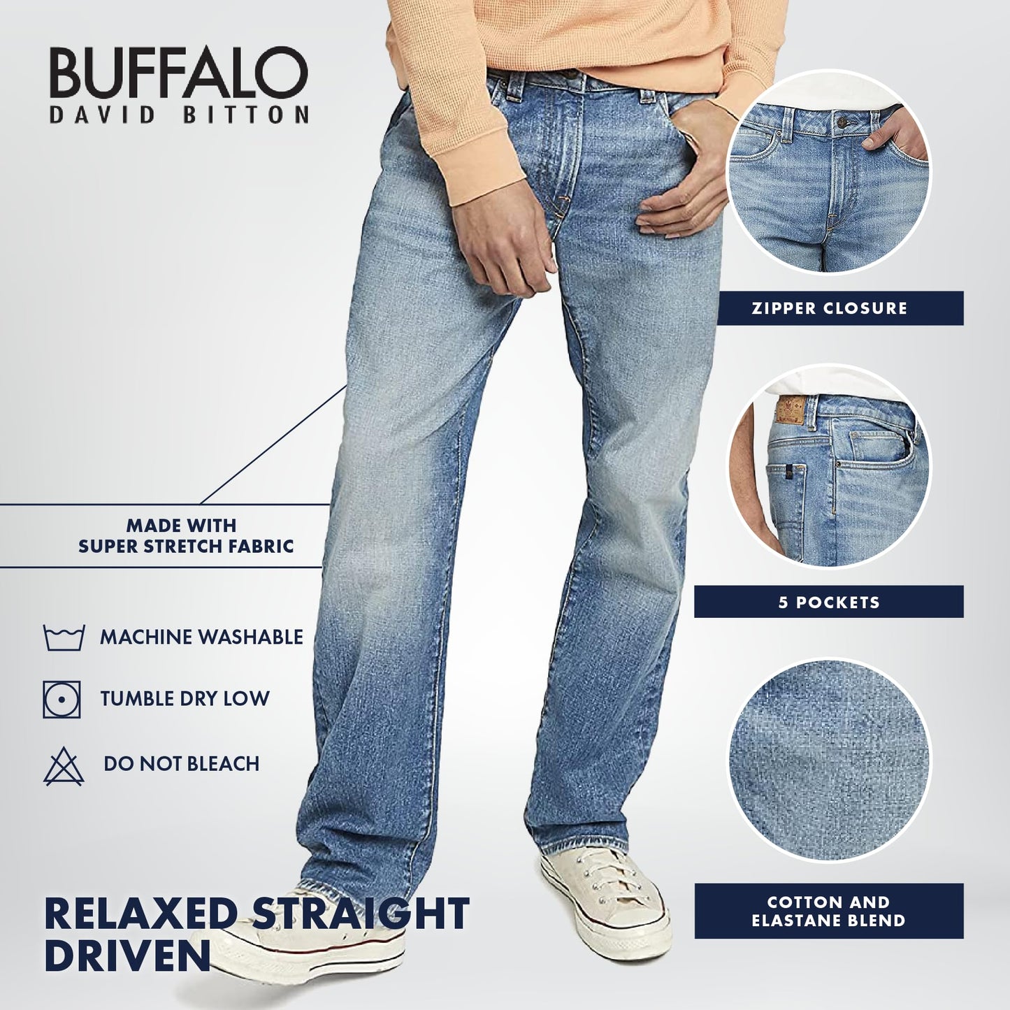 Buffalo David Bitton Men's Straight Driven Fashion Jean, Mid Blue Sanded, 30W x 30L