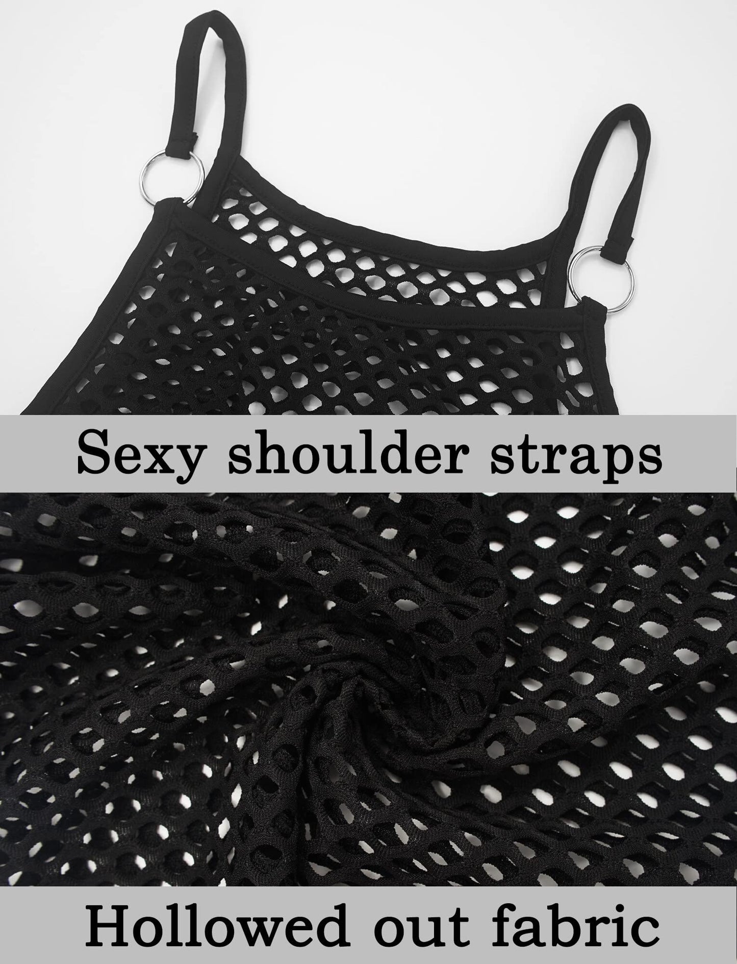 Men's See Through Fishnet Tank Top Sleeveless Racerback Mesh Top Crochet Casual Loose Muscle Shirt Spaghetti Strap Halter Top for Summer 2023 H Black