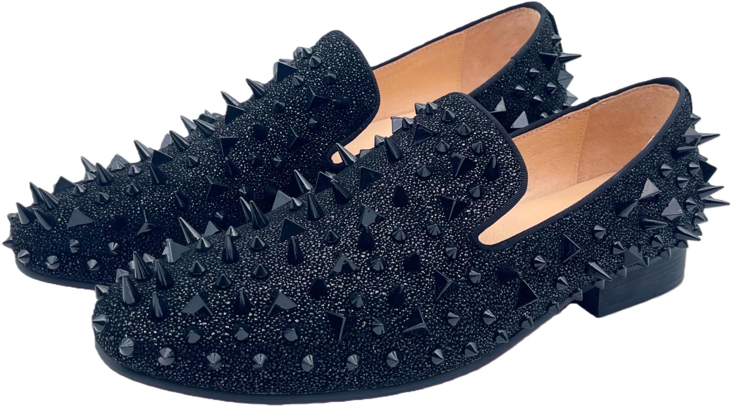 Justar Men's Leather Loafers Spikes Slippers Dress Shoes Slip-on Flats Party Shoes Black Gold (13, Black)