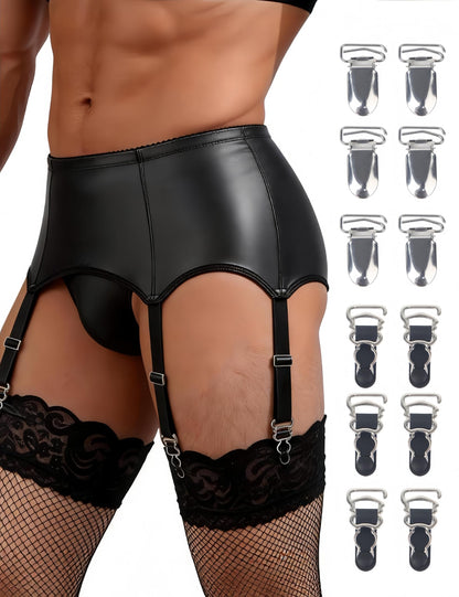 Men's PU Leather Garter Belt with Thong Suspenders with 6 Straps Clips Garter Belts for Thigh Highs Stockings