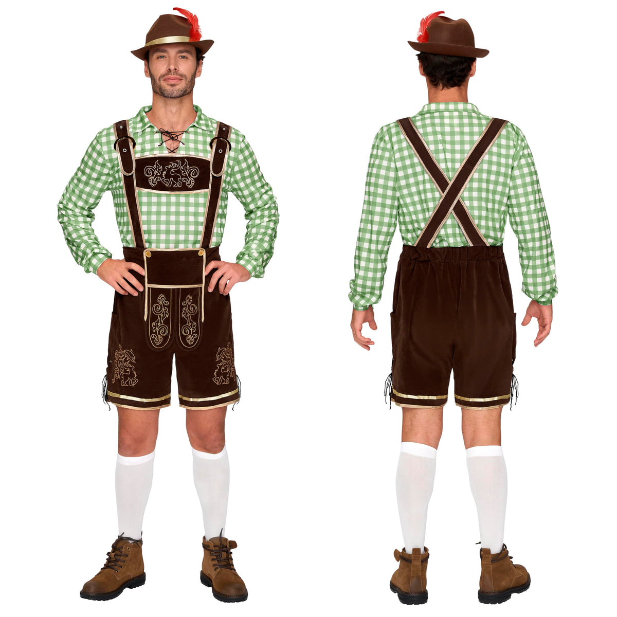 Spooktacular Creations Men Lederhosen Oktoberfest Outfit Costume, 5 Pack German Bavarian Costume Set with Hat Shirt Socks for Halloween Beer Festival - Oktoberfest - Octoberfest