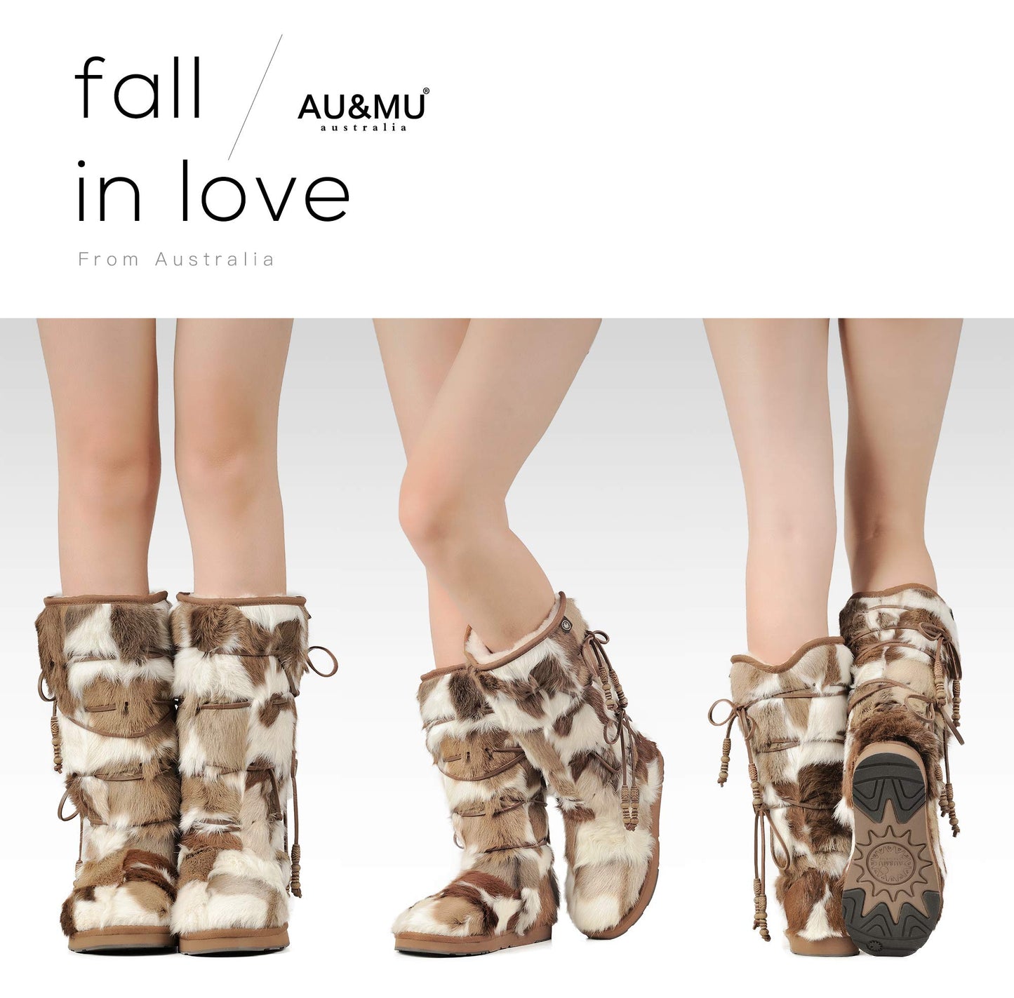 AU&MU AUMU Women Sheepskin Fur Wooden Bead String Stylish Knee High Winter Snow Boots Chestnut Size 9