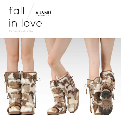 AU&MU AUMU Women Sheepskin Fur Wooden Bead String Stylish Knee High Winter Snow Boots Chestnut Size 9