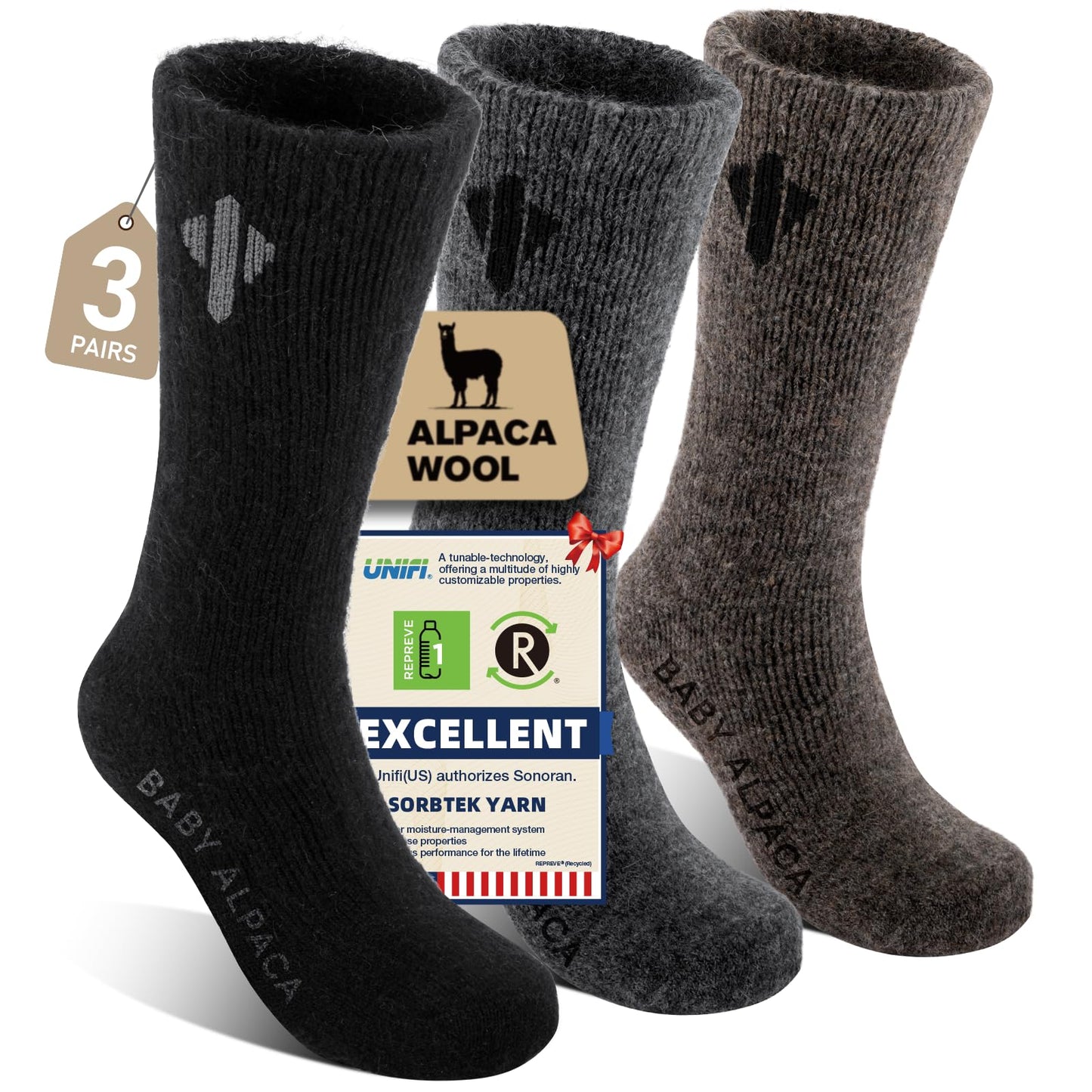 Heat equation Alpaca Socks for Men and Women, Heavyweight Thermal Thick Warm Alpaca Wool Boot Sock for Hunting, Hiking, Moisture Wicking M Black&Dark Gray&Walnut Brown