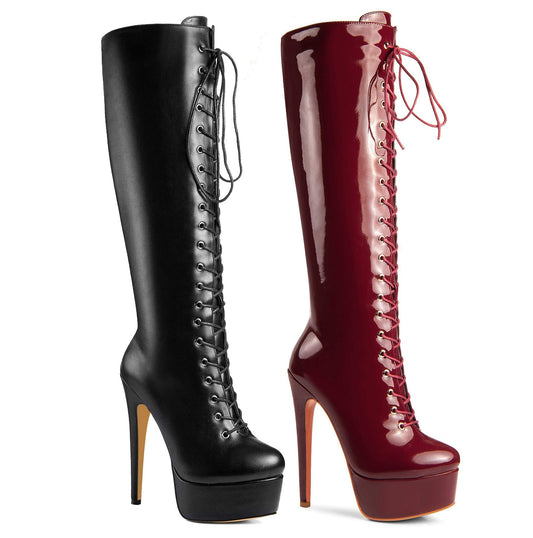 ANN CREEK - Women's 'Niwen' Knee High Sexy Fashion Ultra High Stiletto Heels Platform Lace Up Boots Black 10
