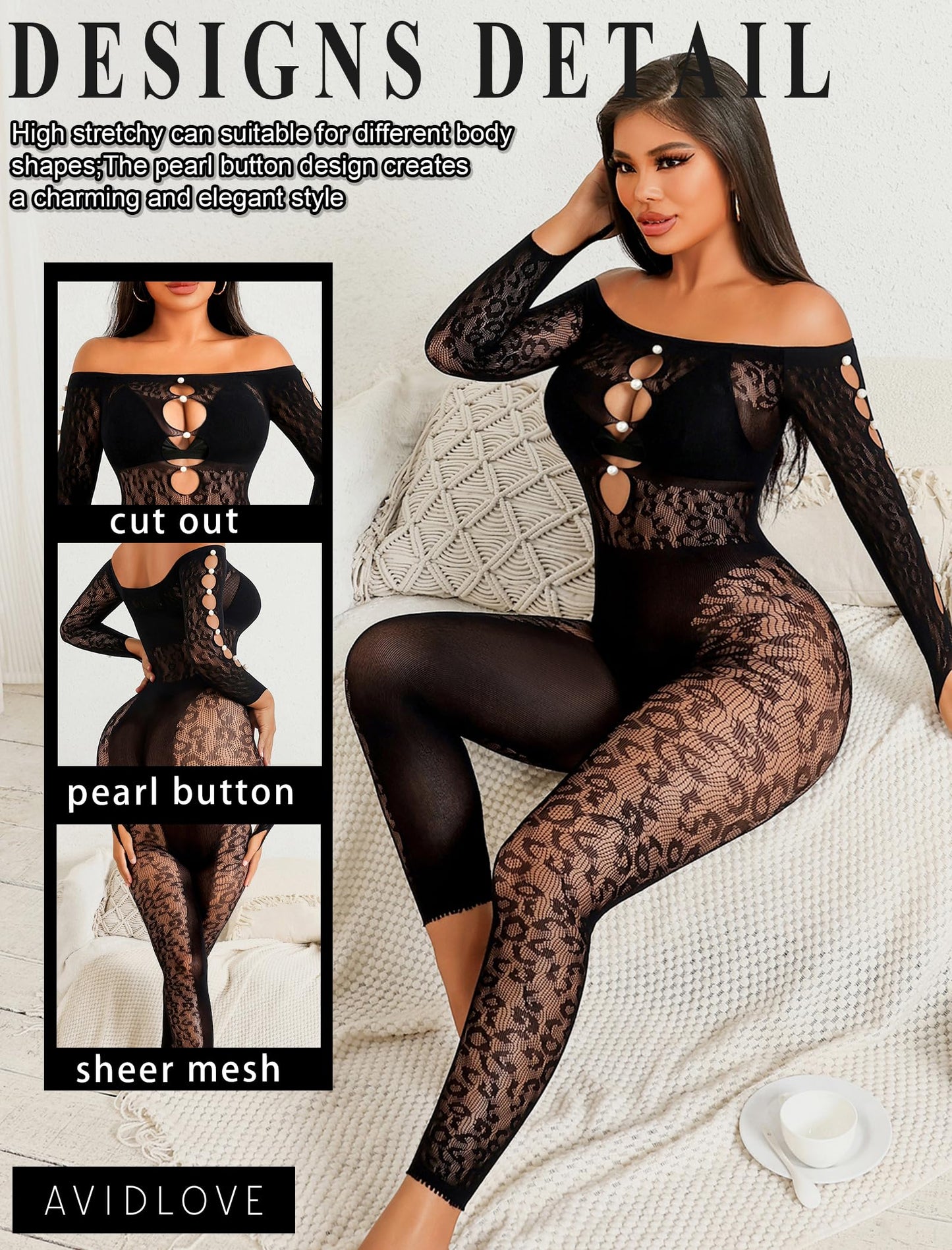 Avidlove Women's Lingerie Sexy Fishnet Body Suits for Women Long Sleeve Mesh Outfit Cut Out Fishnet Lingerie Jumpsuit Black