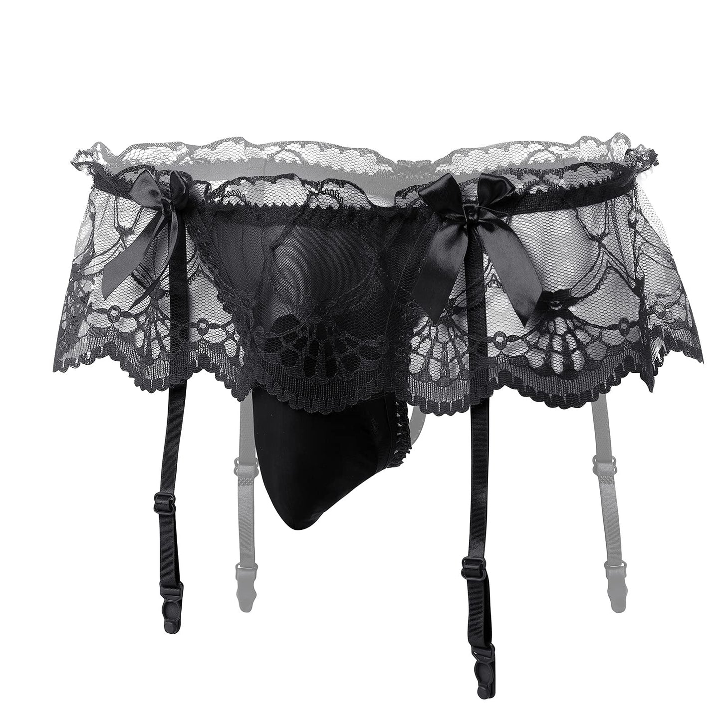 ABAFIP Men Lingerie Frilly Skirted Sissy Thongs Panties Low Waist G-string Garter Belt Crossdressing Underpants Lace Underwear Black One Size