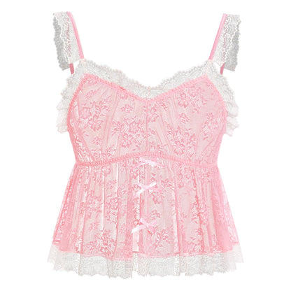 Men‘s Sheer Lace Camisole Floral See Through Cami Top Sleeveless Mesh Shirt for Crossdressing Party Pink Large