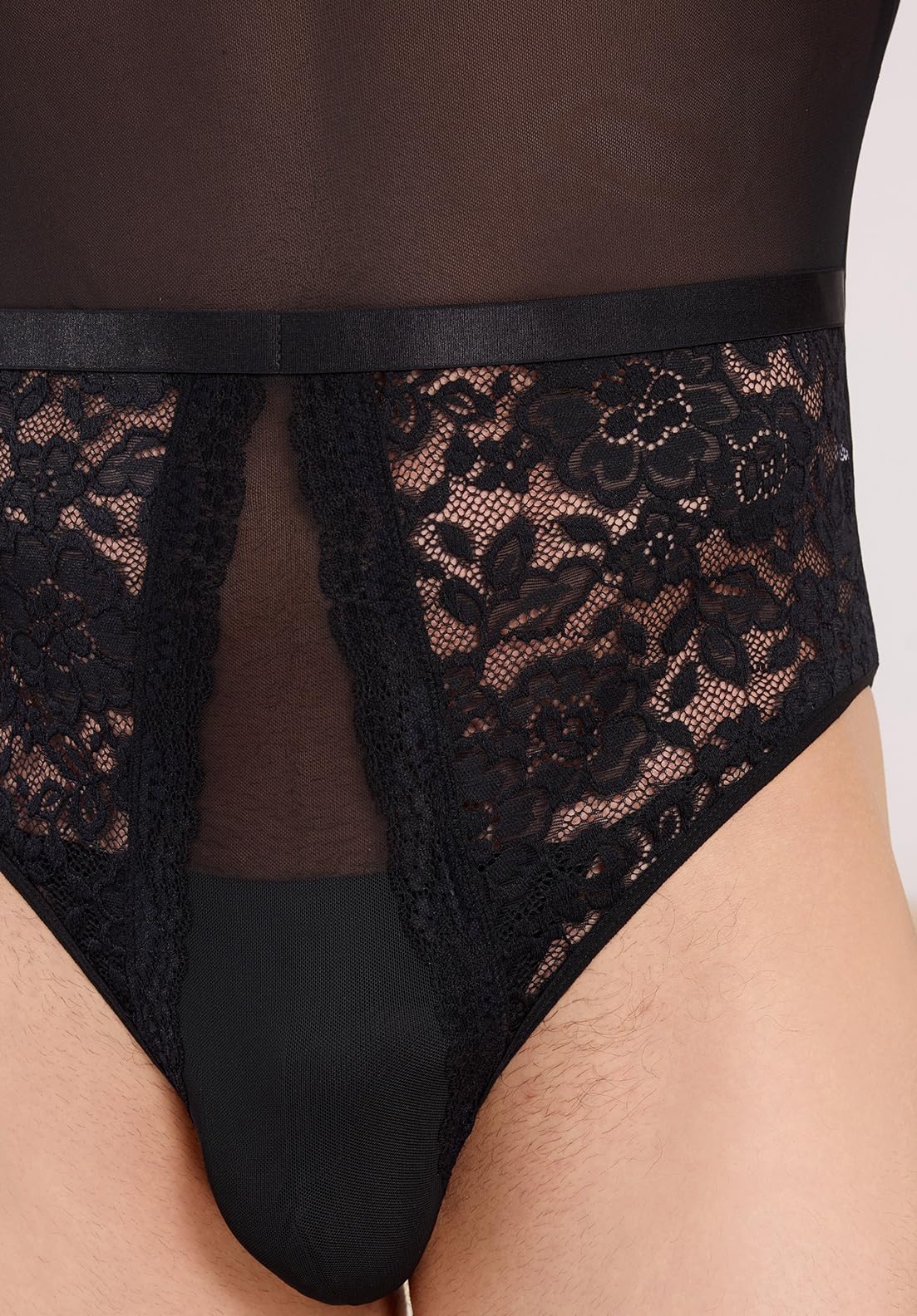 Men's Sissy Lingerie Bodysuit Sheer Lace Mesh Spaghetti Strap Cami Leotard Crossdress Underwear Black Medium