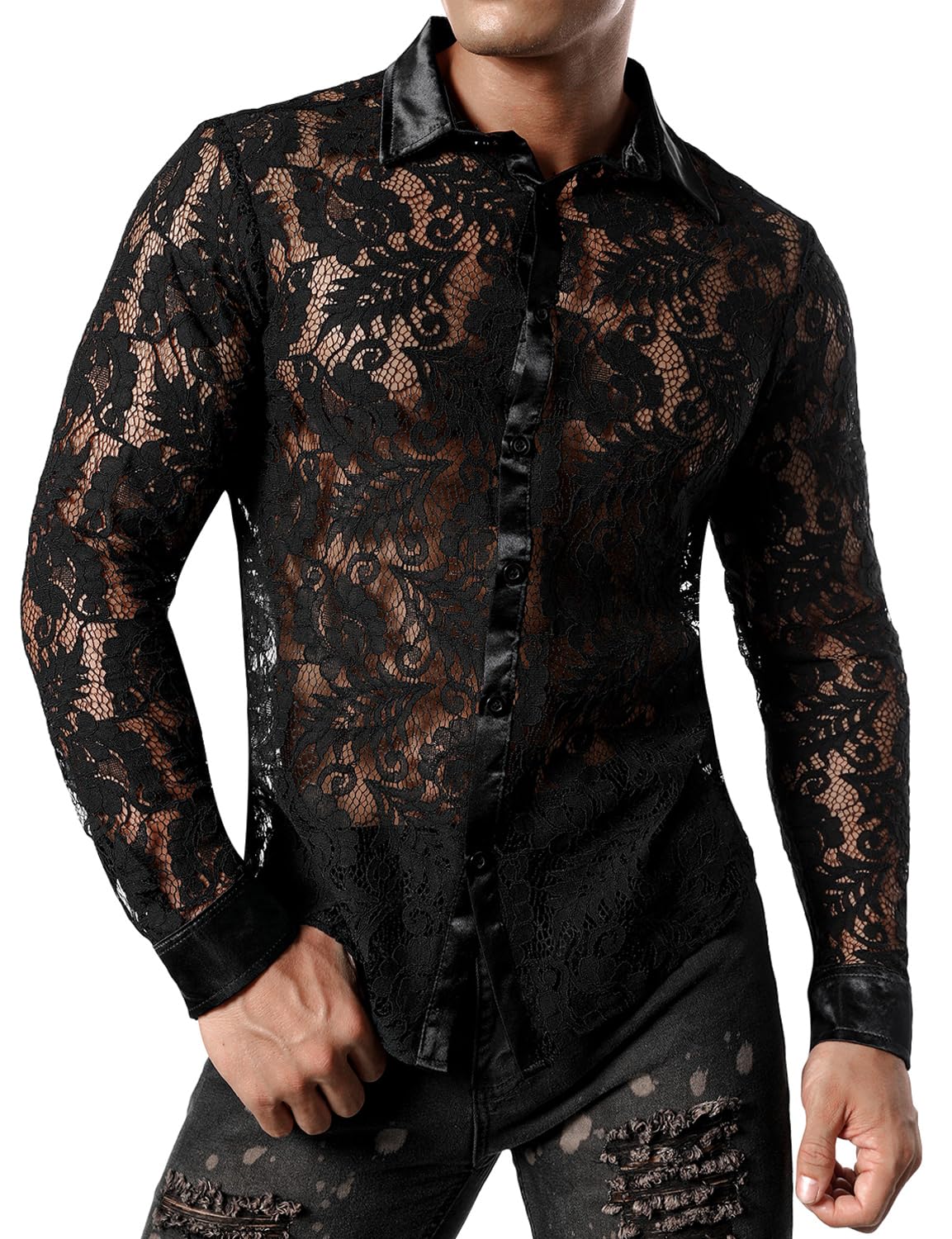 JOGAL Men's See Through Flower Lace Sheer Blouse Long Sleeve Button Down Shirts Black Large