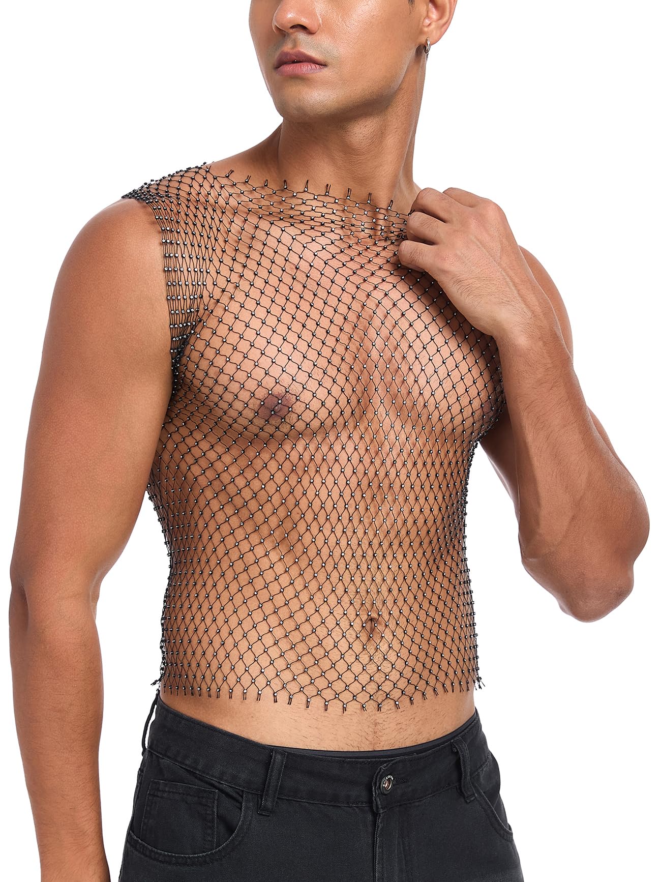 CYCLAMEN Rhinestone Mens Tank Tops Fishnet Sparkly Diamond Sleeveless Shirt See Through Festival Sexy Outfits Rave Party, Black, One Size