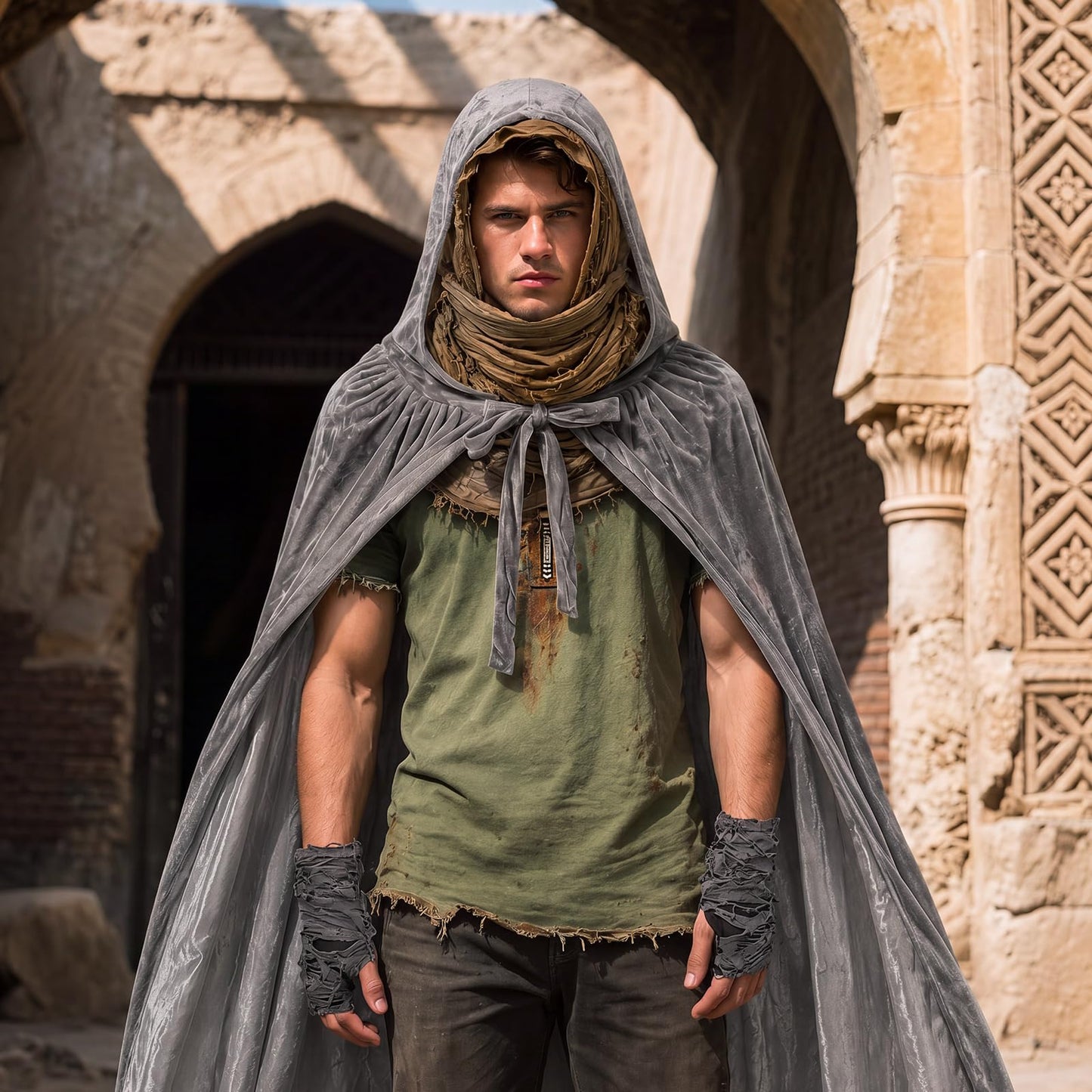 2 Pcs Halloween Desert Costume Set for Women Men, Hooded Coak& Long Scarf