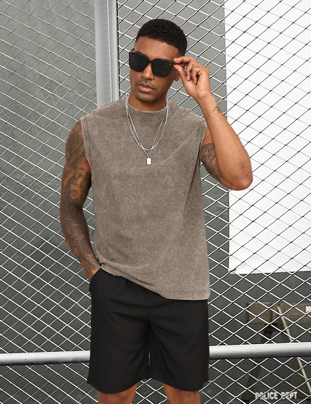 Yimoon Sleeveless Shirts for Men Workout Tank Tops Cotton Acid Wash Muscle Shirts Baggy Gym Tees(BlackKhakiBeigeArmy-XL)