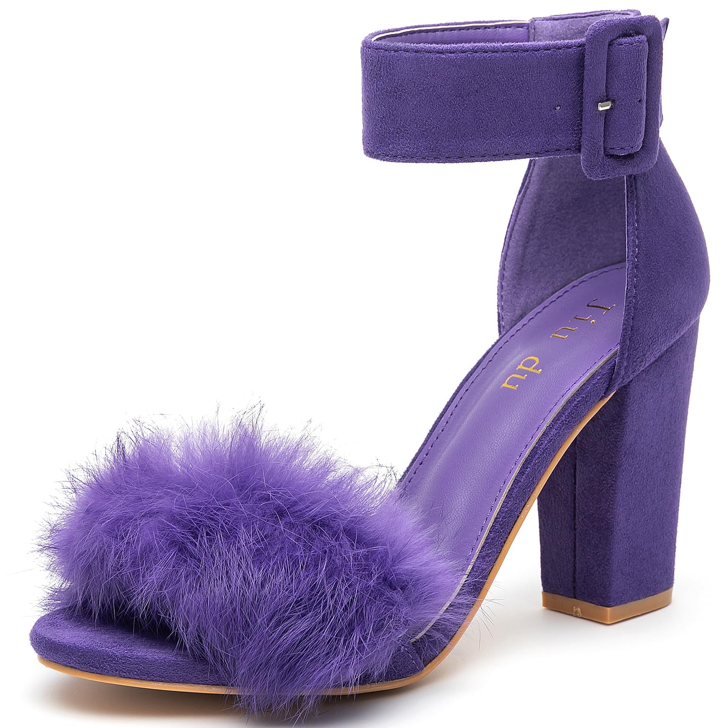 Women's Faux Fur Block Heels Ankle Strap Open Toe Sandals