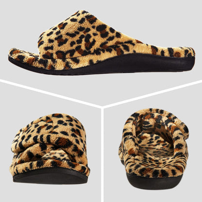 GRITHEIM Women's Orthotic Arch Support Slippers Fuzzy Adjustable Orthopedic Slippers for Plantar Fasciitis Furry Slide for Ladies leopard 9