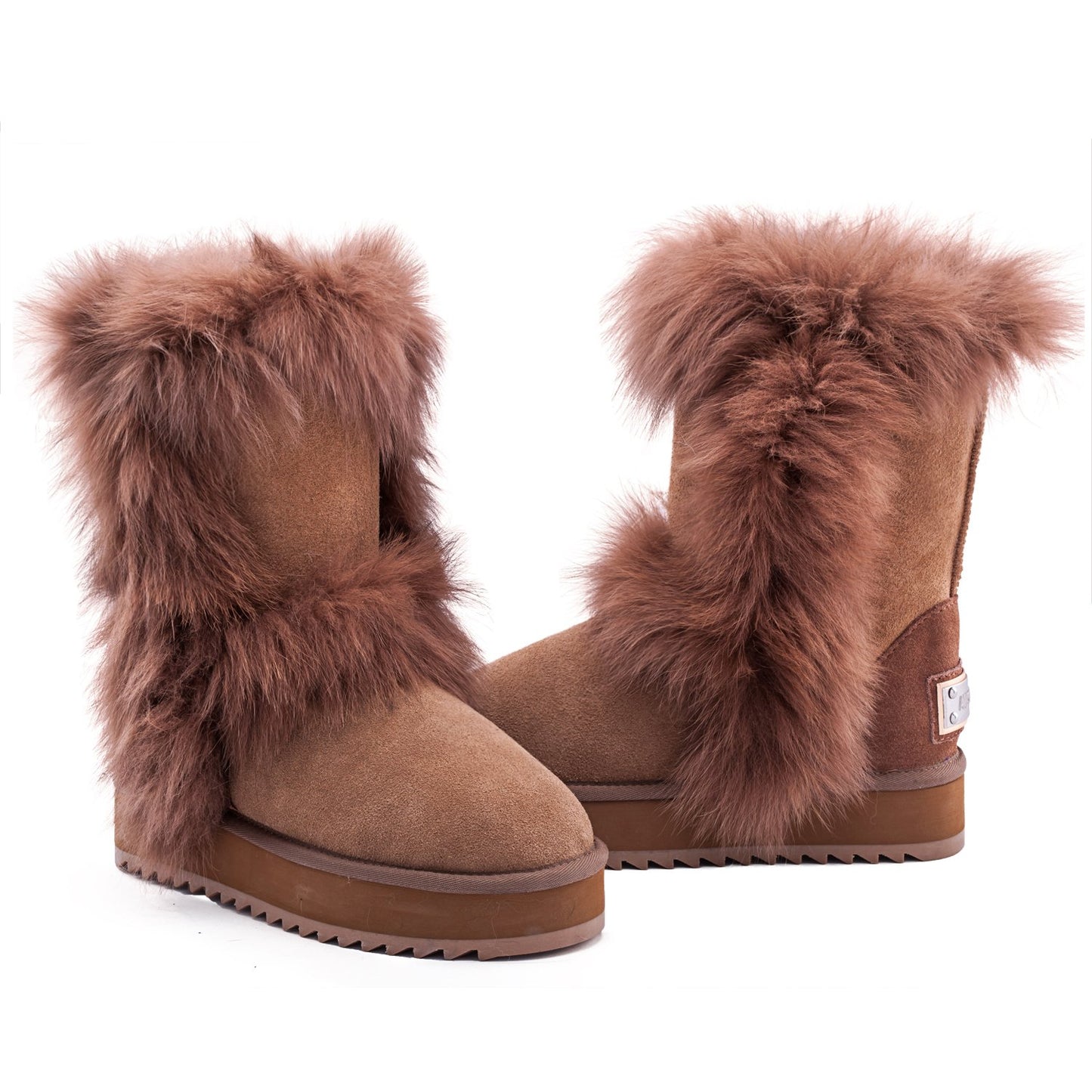 AUSLAND Waterproof Genuine Suede Platform Boots for Women Furry Winter Short Boot Ladies Fur Boots 4.5US Chestnut 99256 35EU