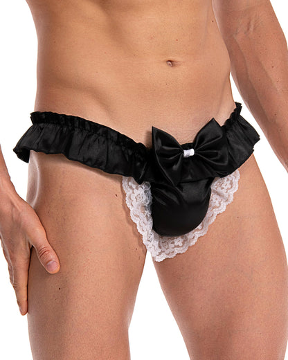 Satini Men's Satin Ruffle Bow Thong Sissy Knickers Briefs Jockstrap Panties (Black, XXL)