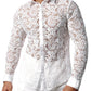 JOGAL Men's See Through Flower Lace Sheer Blouse Long Sleeve Button Down Shirts White XX-Large