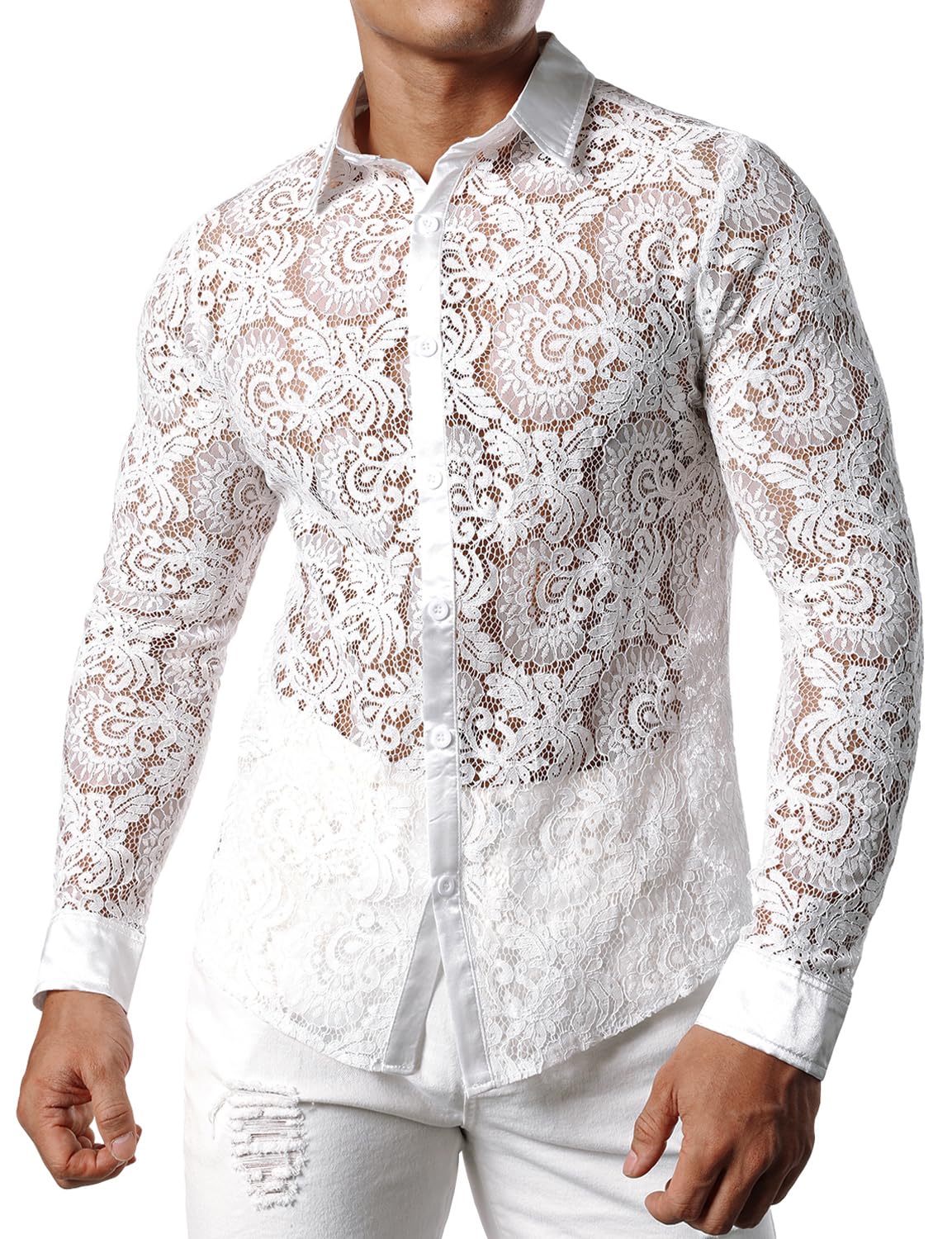 JOGAL Men's See Through Flower Lace Sheer Blouse Long Sleeve Button Down Shirts White XX-Large