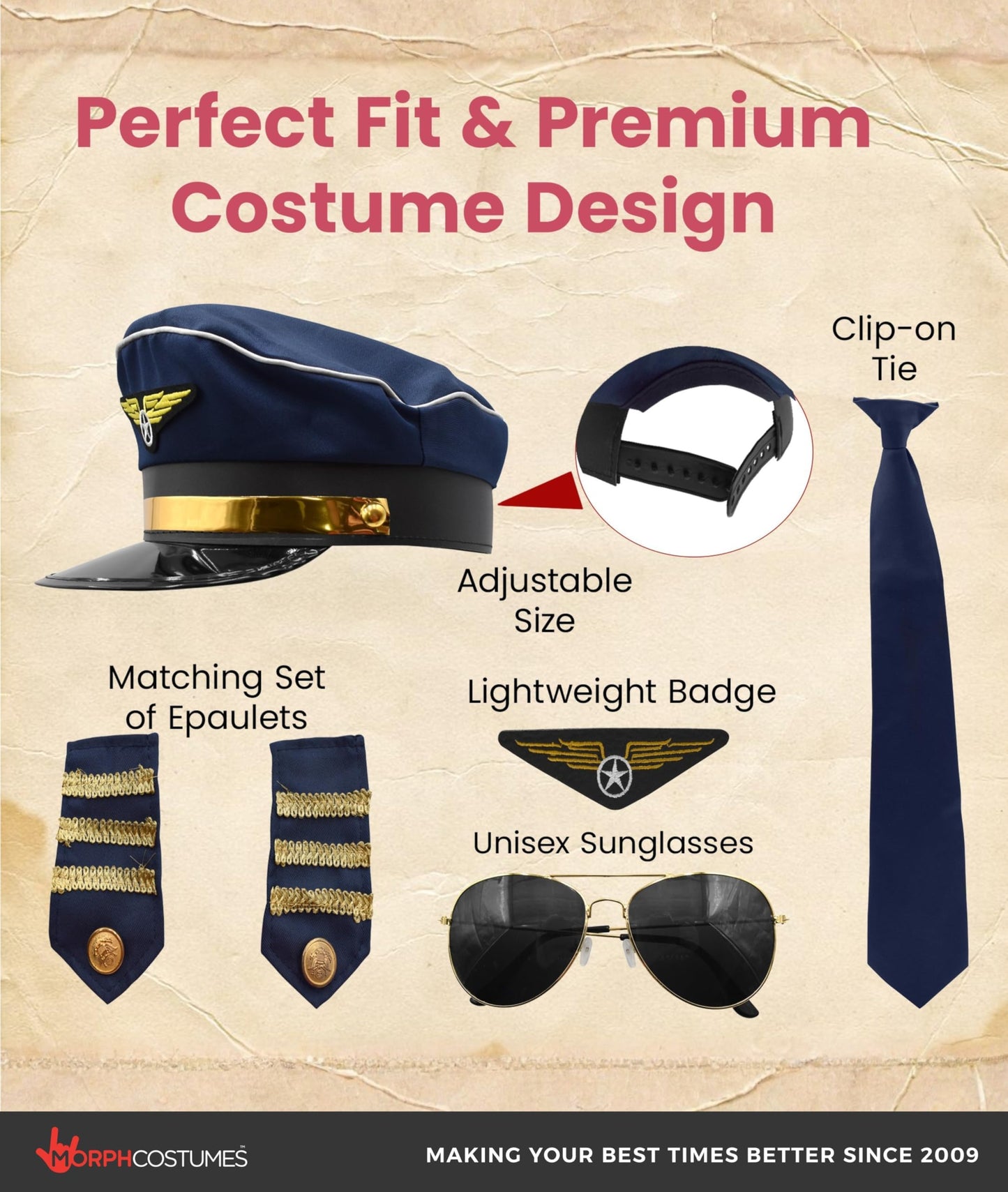 Pilot Hat, Pilot Uniform with Epaulettes, Pilots Costume Accessories Men, Pilots Aviator Costume, Captain Man Costumes