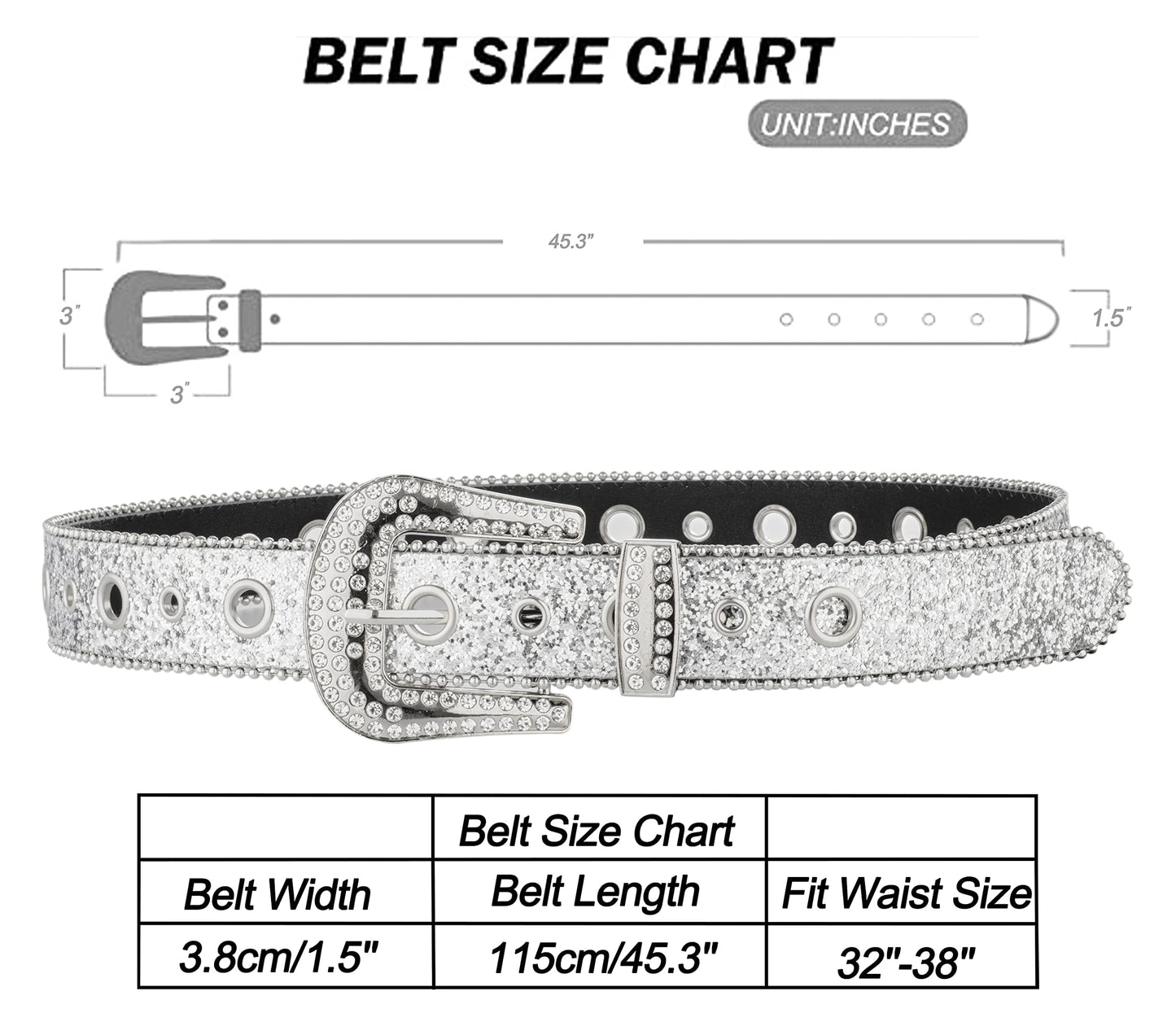 NociHah Silver Rhinestone-Belt Western-Cowgirl-Cowboy-Belts Vintage Bling Crystal Diamond Studded-Leather-Belt for Jean Pants (Silver)