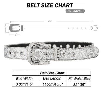 NociHah Silver Rhinestone-Belt Western-Cowgirl-Cowboy-Belts Vintage Bling Crystal Diamond Studded-Leather-Belt for Jean Pants (Silver)
