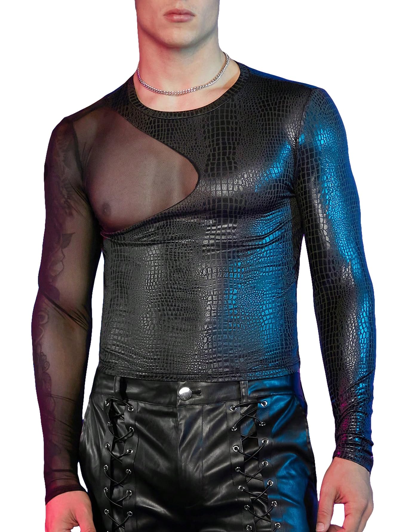 WDIRARA Men's PU Cut Out Club Tee See Through Mesh Long Sleeve T-Shirt Faux Leather Asymmetrical Tops Black S