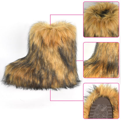 qenqenr Fashion Fur Boots,Flat Heel Comfy Plush Warm Snow Booties,2025 Winter Outdoors Furry Boots,Mid-Calf Faux fur Boot for Women