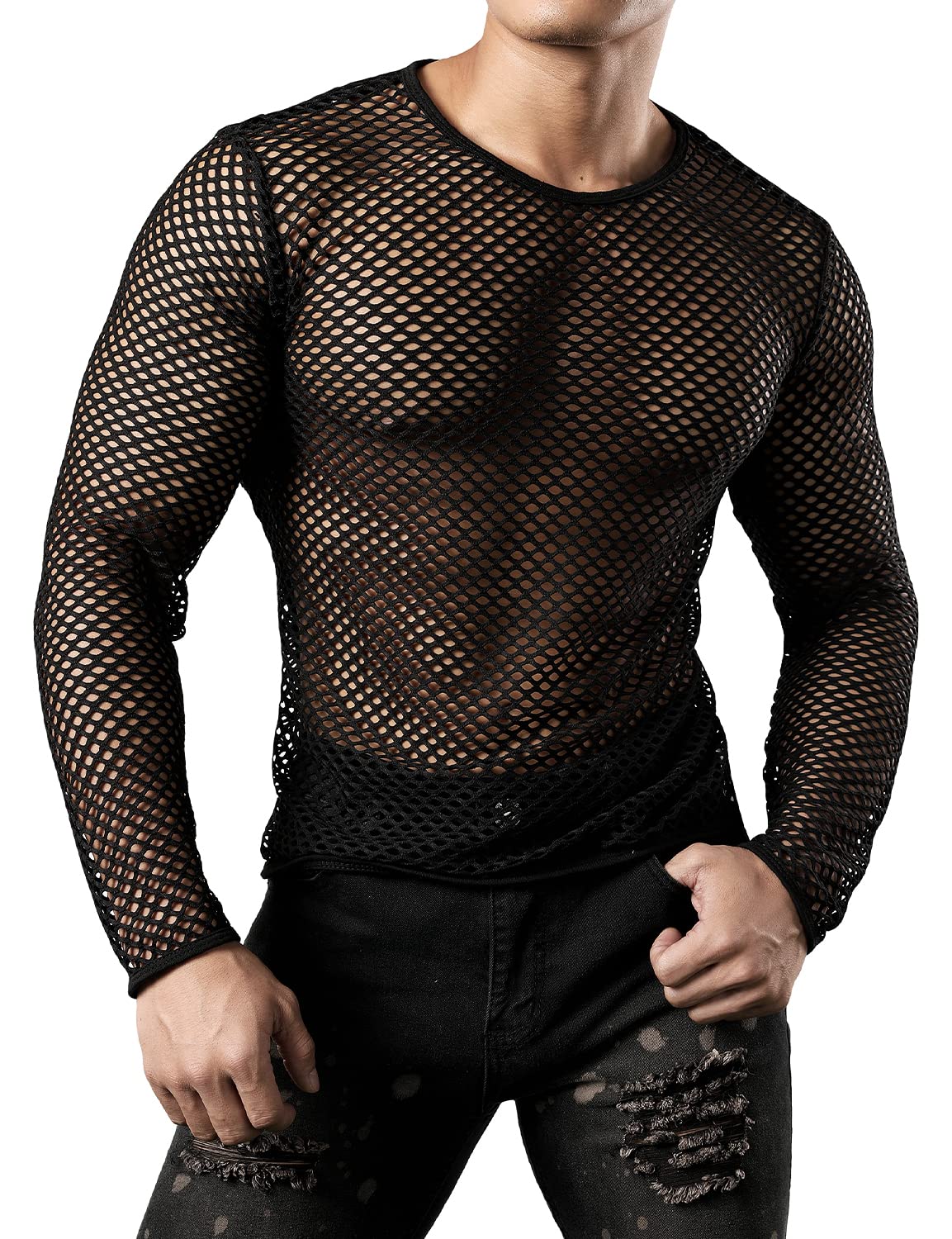 Gay Men's Mesh Fishnet Fitted Long Sleeve  Black