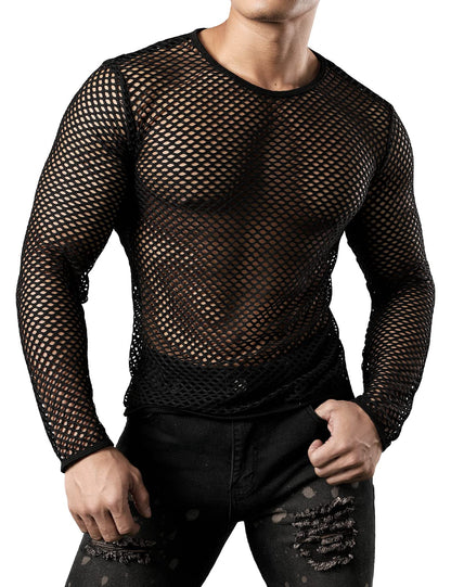 Gay Men's Mesh Fishnet Fitted Long Sleeve  Black