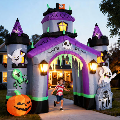 Halloween Inflatables Giant 12.5 FT Haunted House Castle Archway Outdoor Decorations, Large Halloween Arch Blow Up Yard Decorations for Front Lawn Garden Decor