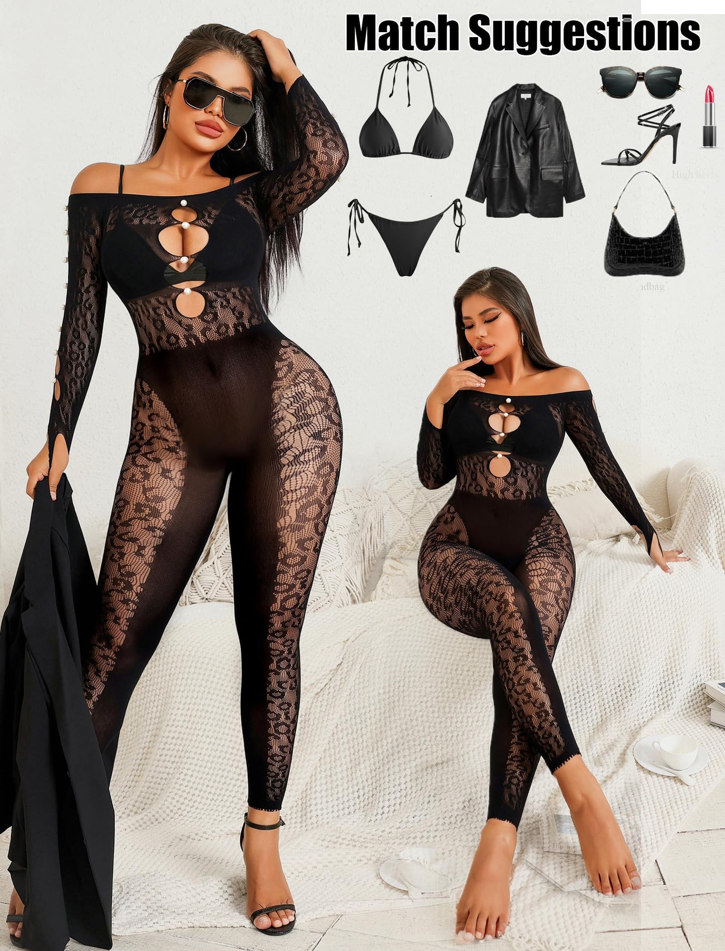Avidlove Women's Lingerie Sexy Fishnet Body Suits for Women Long Sleeve Mesh Outfit Cut Out Fishnet Lingerie Jumpsuit Black