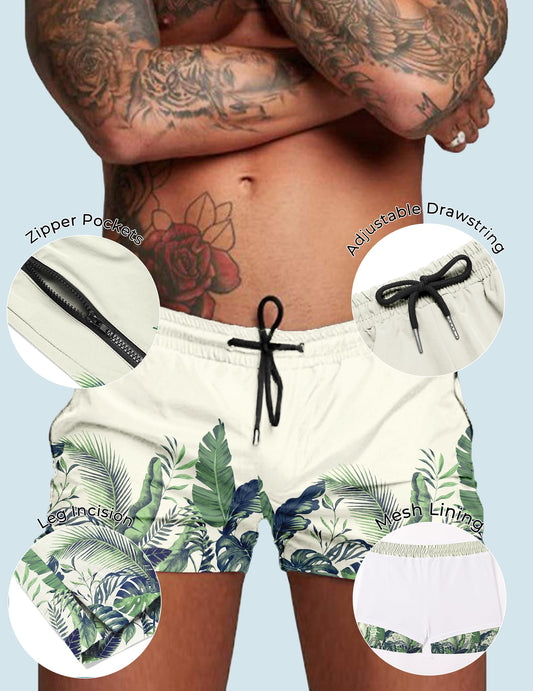 COOFANDY Men's Swim Trunk Quick Dry Swimwear Mesh Lining Bathing Suit Swimsuit Board Beach Sport Short Green Leaves/L