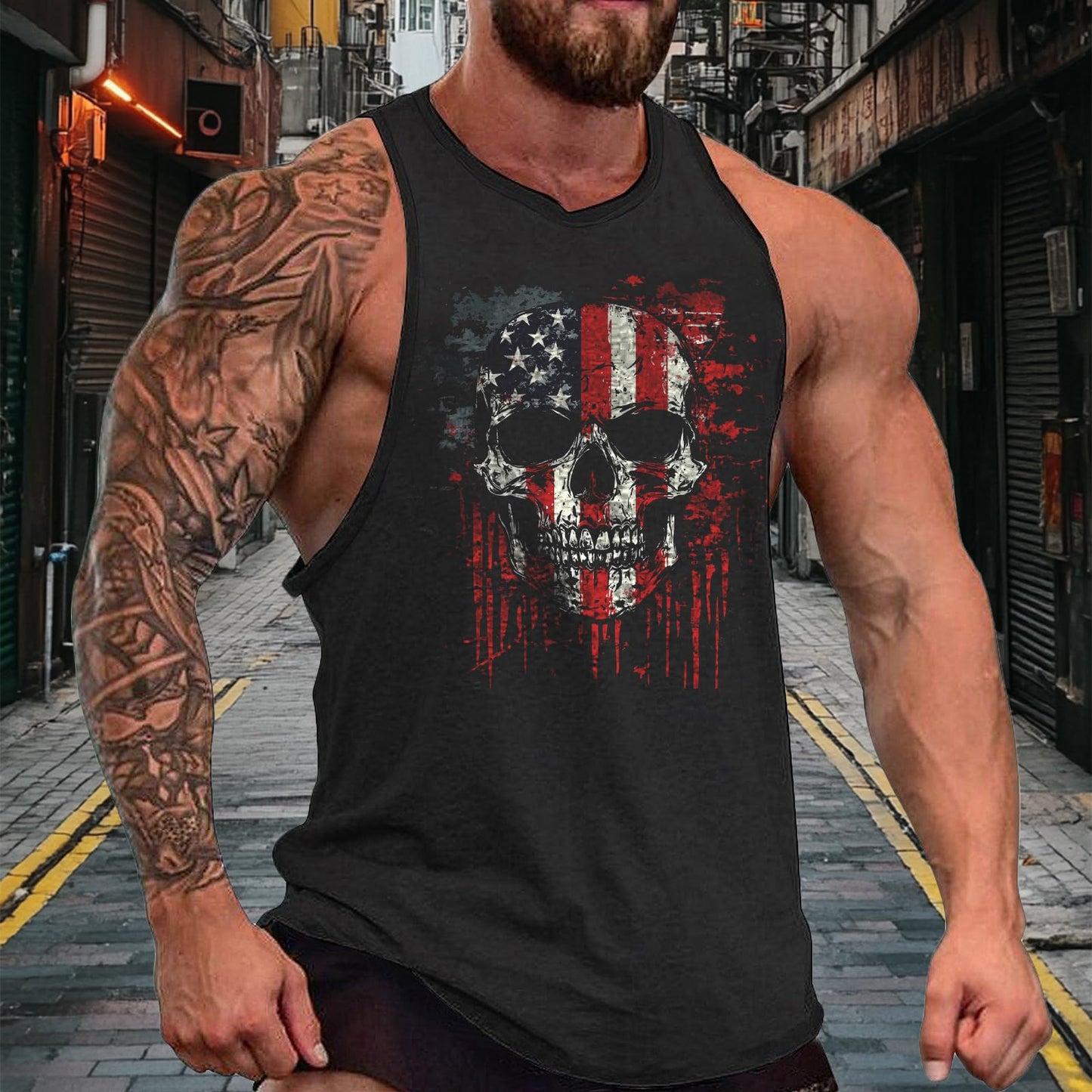 MARSVOVO Graphic Tank Tops Men Crew Neck Cotton Hippie American Flag and Skull Baggy Quick-Dry Oversized Workout Sleeveless Mens Hawaiian Shirt,XL