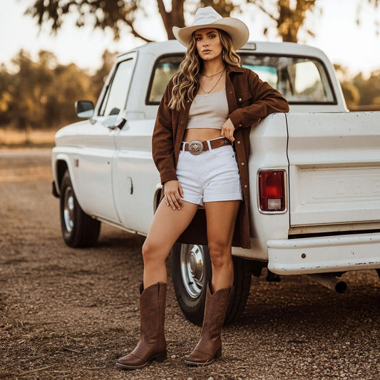 Rollda Genuine Leather Cowboy Boots for Women, Square Toe Cowgirl Boots with Block Heel, Women Mid Calf Western Boots