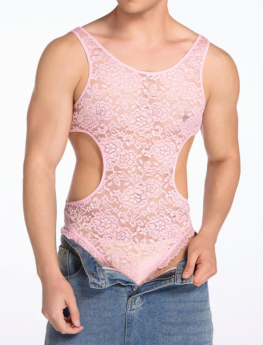 Men's Sissy Lace Bodysuit -l Sheer  Crossdress Lingerie Pink