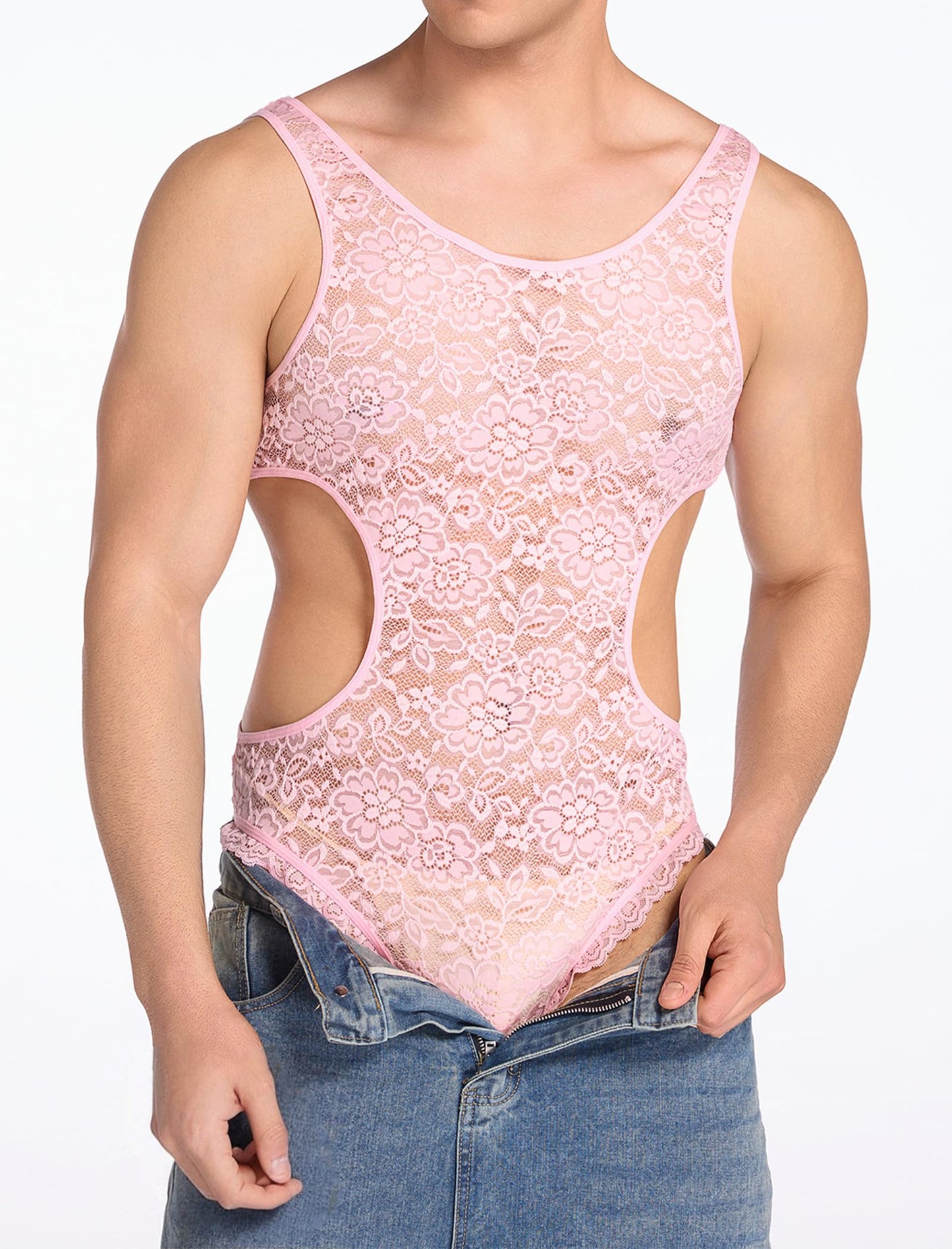 Men's Sissy Lace Bodysuit Floral Sheer See Through Sleeveless Cutout Leotard Crossdress Lingerie Pink XX-Large