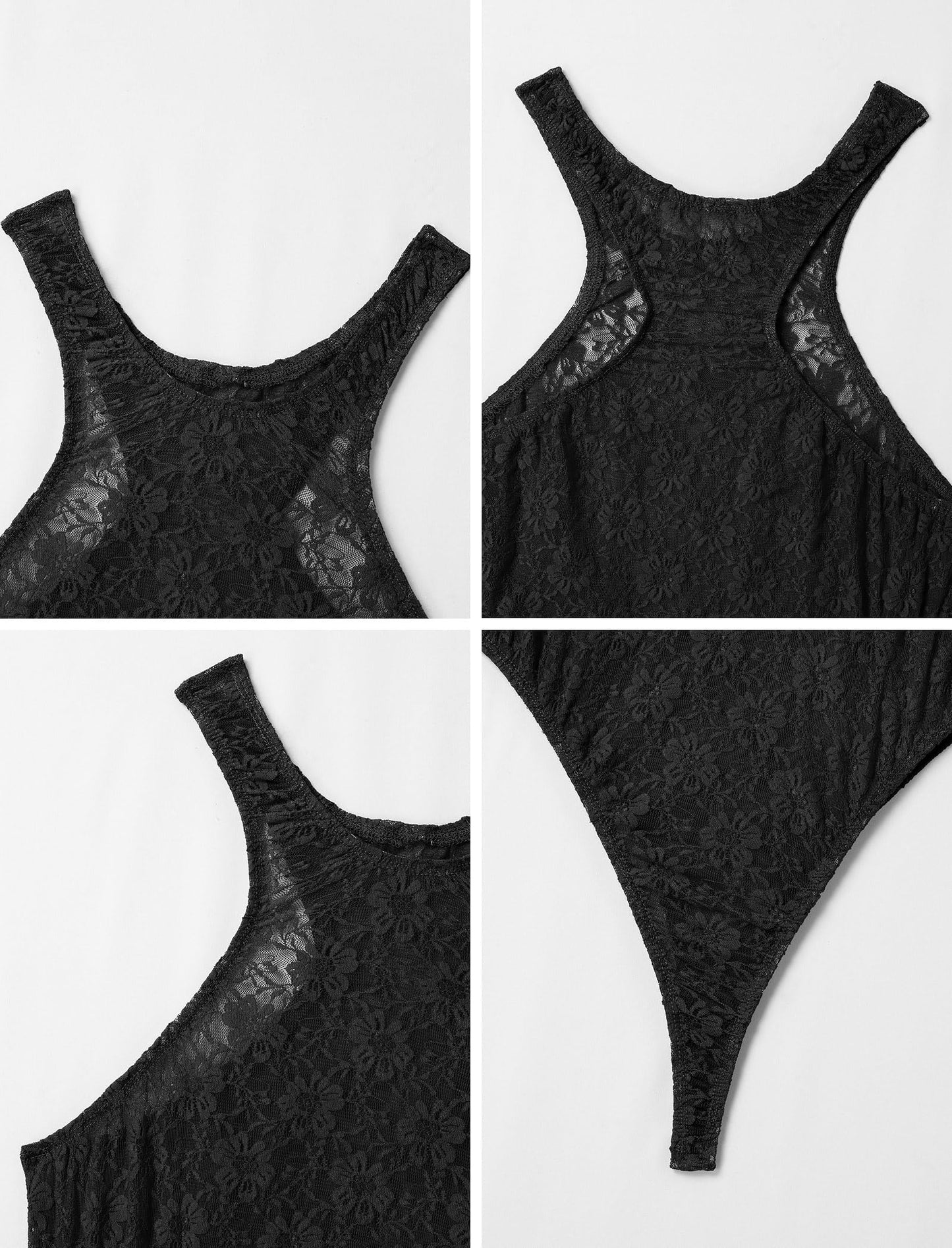 ABAFIP Men's Lace Bodysuit High Cut One Piece Leotard Sleeveless Racerback Sheer Lingerie Undershirts Top Black Large