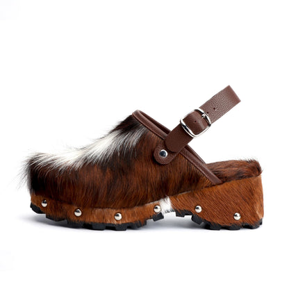 XOBZJH Women's Luxury Natural Cowhide Hair Platform Clogs – Western Retro Slip-On Mules with Zipper and Adjustable Buckle Strap – Handmade Rustic Cow Bone Back Hair Shoes with Arch Support