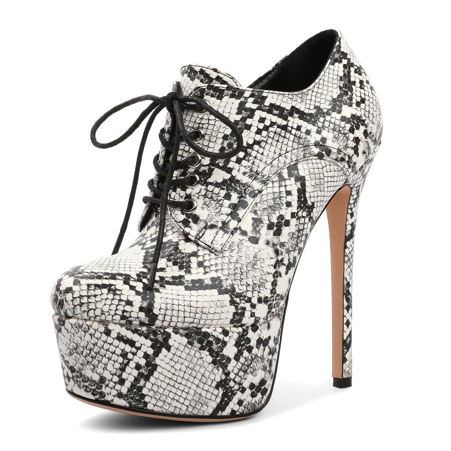 SAMMITOP Platform Ankle Boots for Women Sexy Stiletto Heels Sky High Heel Pump Lace up Zipper Round Toe Fashion Dress Shoes for Party Prom Event Snake Print US 9