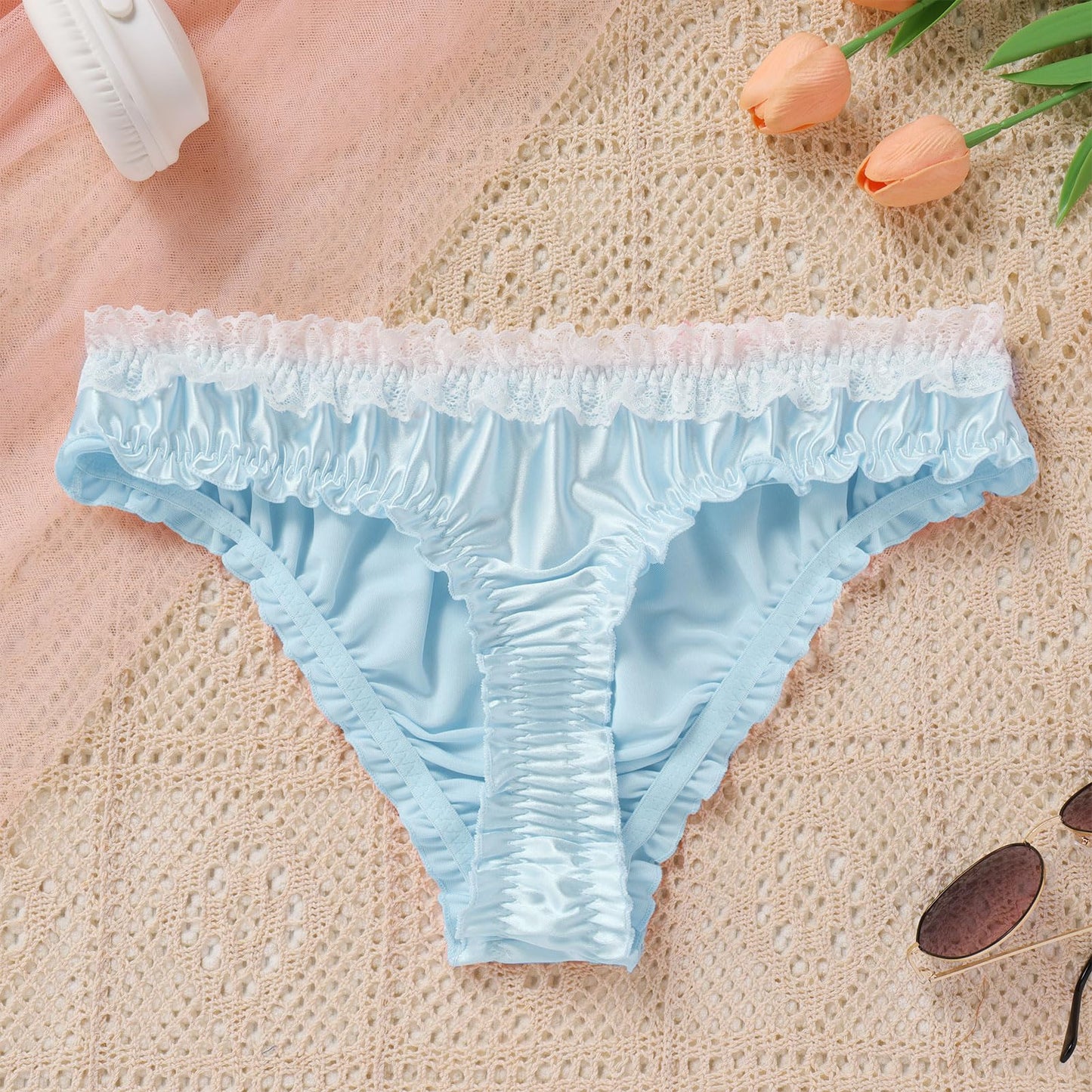 ABAFIP Men's Satin Thong Sissy Panties,Silky Crossdresser Lingerie Lace Bowknot Femboy Underwear