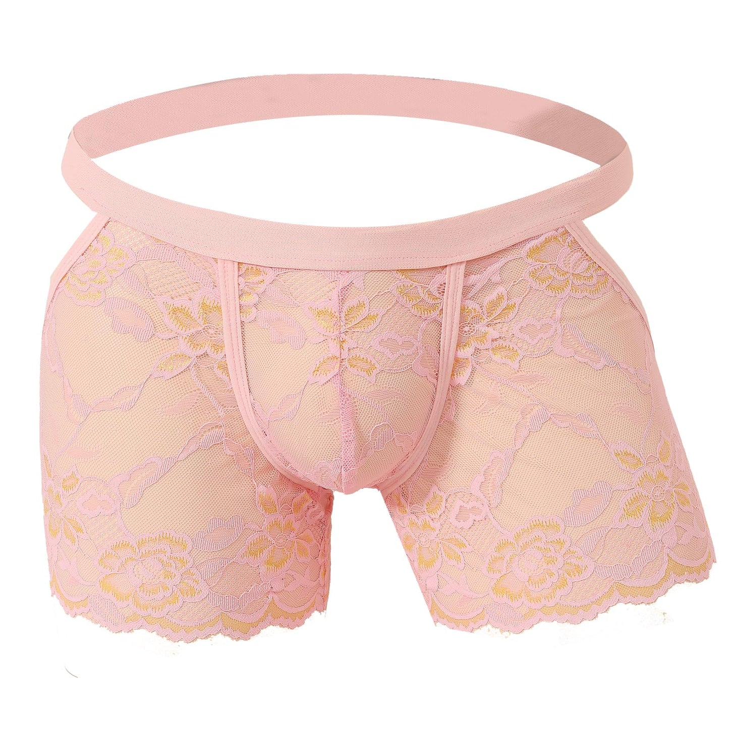 Mens Sexy Boxer Briefs Breathable Lace Underwear (US, Alpha, One Size, Regular, Regular, Pink)