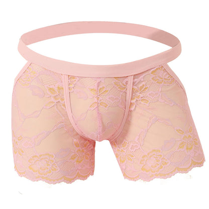 Mens Sexy Boxer Briefs Breathable Lace Underwear (US, Alpha, One Size, Regular, Regular, Pink)