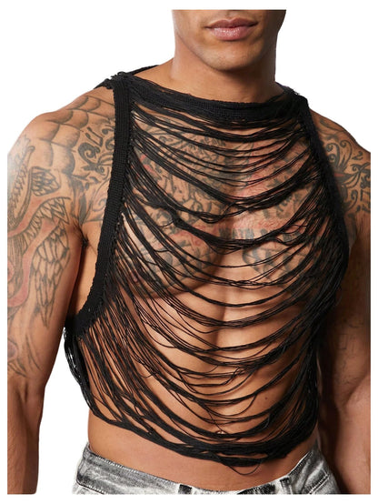 OYOANGLE Men's Hollow Out Ripped Sweater Vest Sleeveless See Through Crop Tank Tops Party Clubwear Black Small