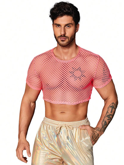 WDIRARA Men's Fishnet Mesh Tee Shirt Round Neck Short Sleeve Crop Top Hot Pink M